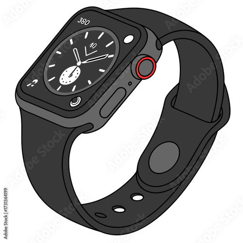 Illustration of a modern smartwatch with a black face and dark gray band, highlighting its sleek design and advanced features ideal for tech and style