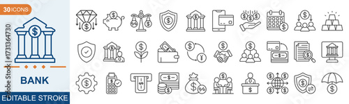 Bank editable icon set collection. Mortgage, investment, wallet, online banking, ATM, savings, banger and more. Vector illustration eps 10