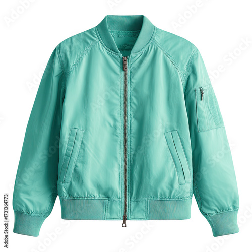Light teal bomber jacket with zipper closure