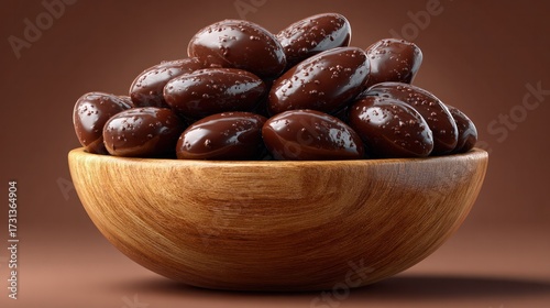 Wallpaper Mural Delicious glossy dark chocolate coated almonds in a wooden bowl on a warm brown background for healthy snacks gourmet treats and confectionery display Torontodigital.ca
