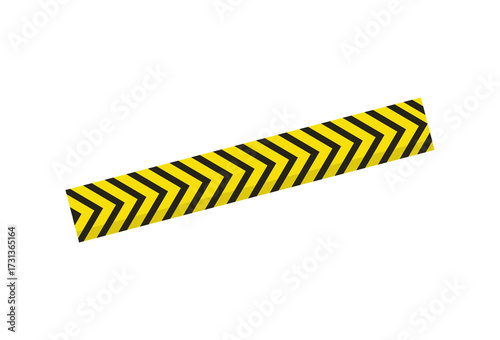 Yellow and black striped caution tape with a chevron pattern, a symbol for safety and hazard warnings, isolated on a white background