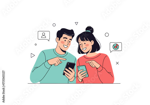 Happy young couple using their smartphones for communication and online activities together.