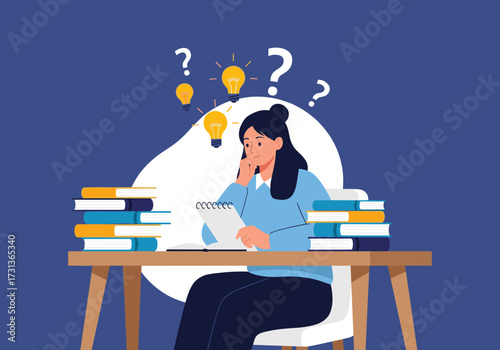 A young woman is thinking hard at her desk surrounded by books and lightbulbs representing ideas.