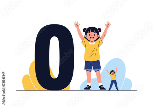 Happy children with arms raised next to a large zero numeral on white background.
