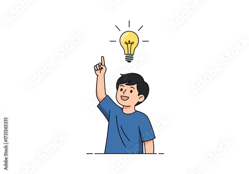 A young boy has a bright idea and points to a glowing lightbulb above his head.