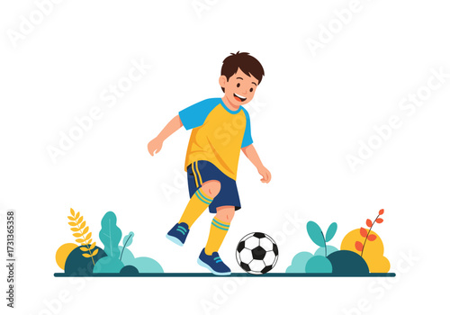 A young boy enjoys playing soccer outdoors in a park surrounded by plants.