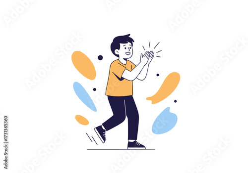 A young boy is happily playing with a small toy in his hands creating bright sparkling effects around it.