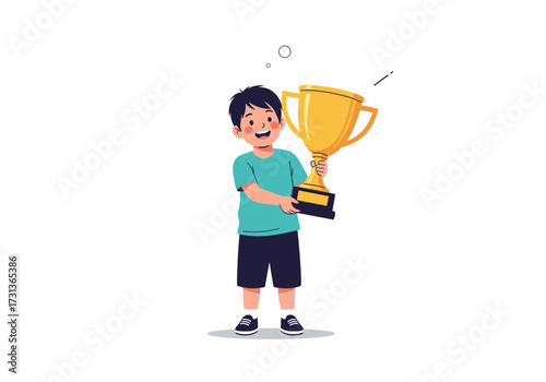 A young boy proudly holds a large golden trophy celebrating his achievement in a competition.
