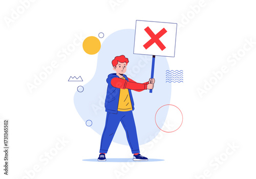 A young boy holding a sign with a red cross indicating a wrong answer.