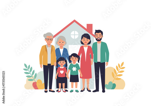 Illustration of a loving multi-generational family standing in front of their charming house.