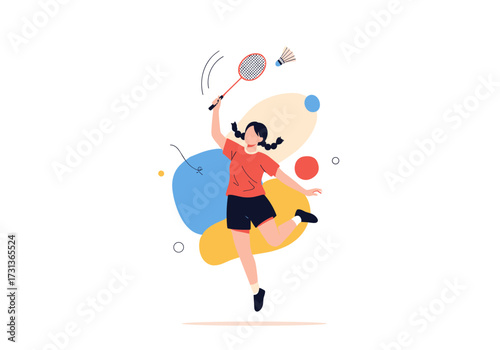 Young girl playing badminton and hitting shuttlecock with racket.