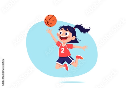 A young girl in athletic wear happily jumping to catch a basketball in mid-air during a game.