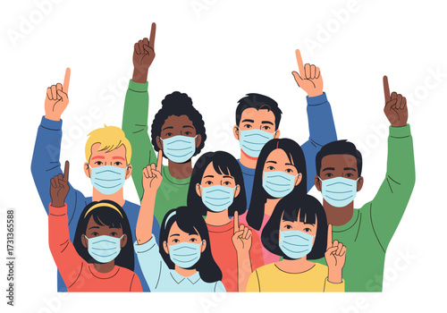 Diverse group of people wearing face masks pointing upwards.