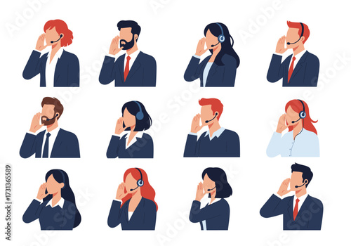A diverse group of professional individuals wearing headsets and talking on the phone.