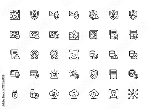 Cybersecurity line icons set — 35 minimalist vector symbols of firewall, secure cloud, identity verification, data protection, encryption, and privacy defense
