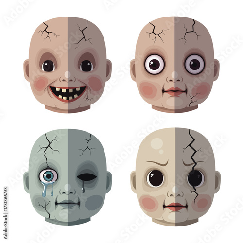 Four doll faces with cracks, displaying different expressions: happy, surprised, sad, and angry.