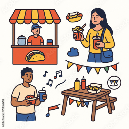People enjoying food at outdoor festival with food stall and drinks  