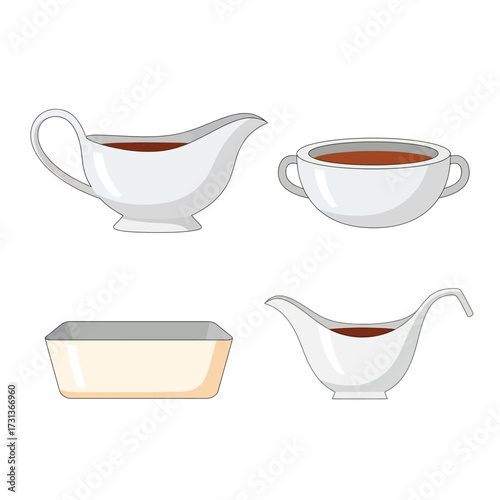 Four different white serving dishes filled with a dark brown liquid, likely sauce or gravy.