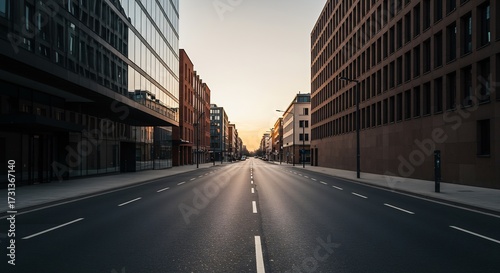 Fototapeta Naklejka Na Ścianę i Meble -  Empty Urban Street Lined with Modern Office Buildings at Sunrise