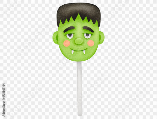 Watercolor green monster lollipop candy cute spooky halloween character sweet treat isolated kawaii autumn festive party illustration Vector.
