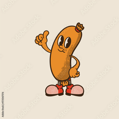 Groovy sausage breakfast character in retro cartoon. Mascot, vector, icon, colection, sticker, vintage, illustration, set, funny, logo, comic, vintage, line art, logo, editable