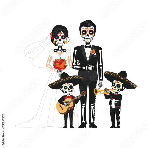 A skeletal bride and groom stand with mariachi musicians, celebrating a festive wedding.