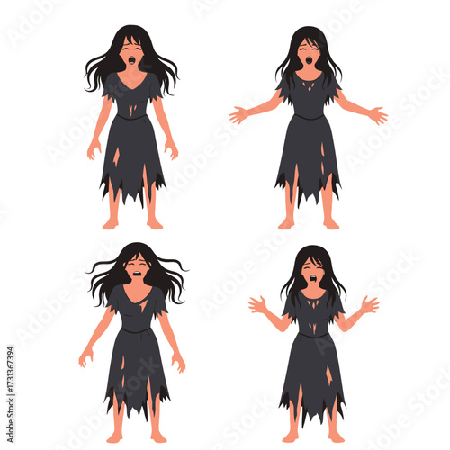 Four illustrations of a distressed woman in tattered clothing, with open mouths and various arm positions.