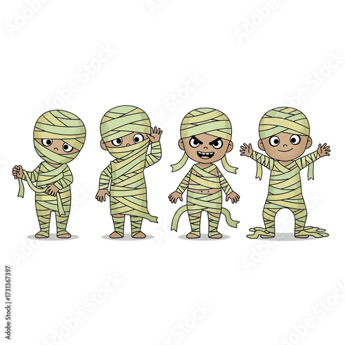 Four cartoon mummies with different expressions, wrapped in bandages, isolated.