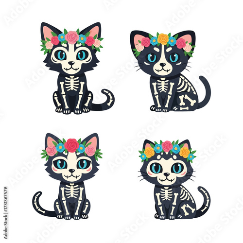 Four cartoon cats dressed as skeletons, wearing floral crowns, posed against white background.