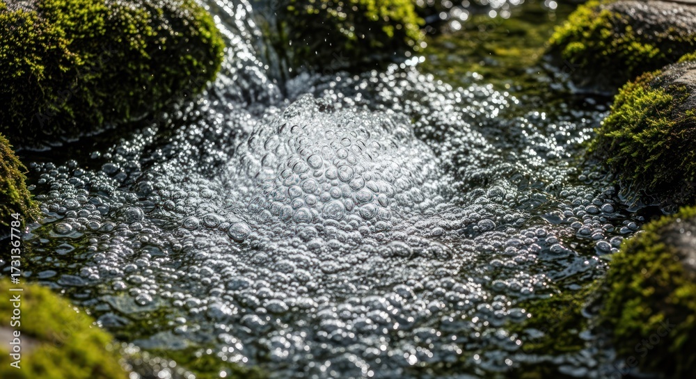 Fototapeta premium Clear spring water bubbling between moss-covered rocks in nature.