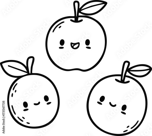 Digital art: Three cute, round fruits with smiling faces and leaves, arranged on a plain white background, creating a cheerful, minimalist illustration.
