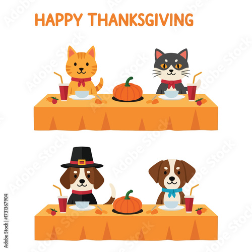 Thanksgiving illustration featuring cats and dogs at tables with pumpkins, drinks, and food, wishing "Happy Thanksgiving.".