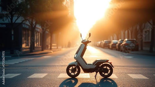 Electric Scooter Sunrise City Street.