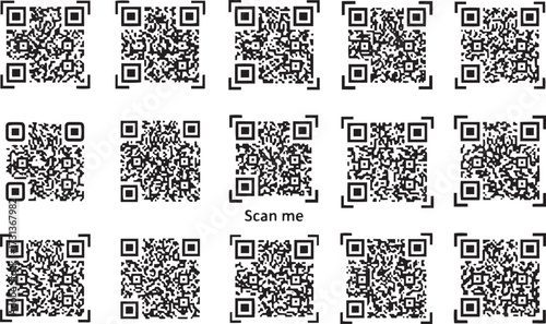 Set of various QR codes scannable matrix barcodes for product information and mobile payment isolated on white background