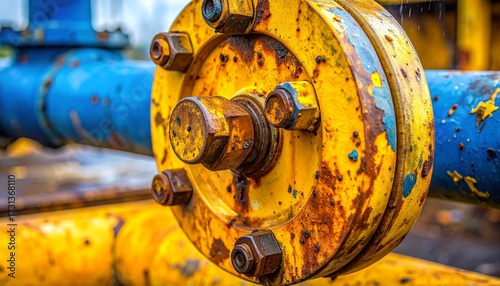 The vibrant yellow contrasts with the blue piping in the background, highlighting the aged and weathered appearance