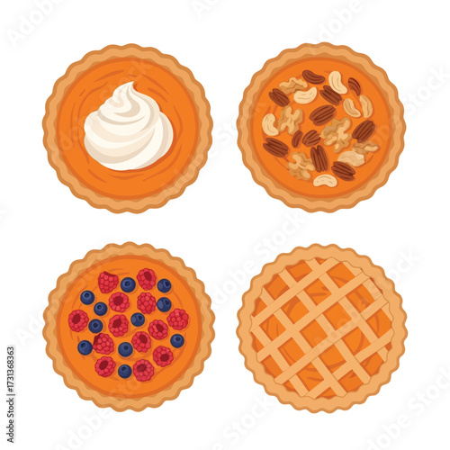 Four colorful, delicious, and appetizing pies are displayed with various toppings and crust designs.