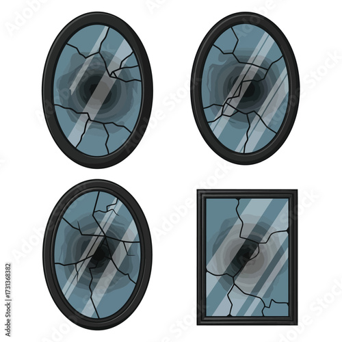 Four mirrors, three oval and one square, each shattered with cracks across the glass.