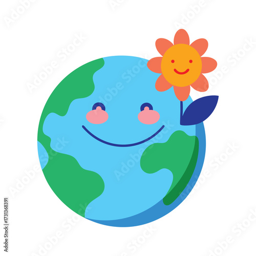 Happy Cartoon Earth with Flower on White Background Keywords: art, cartoon, celebration