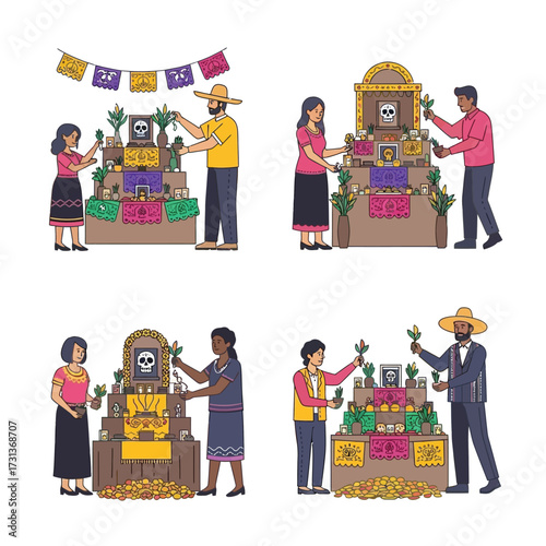 Four scenes depict people constructing altars for Day of the Dead, adorned with skulls, candles, flowers, and colorful decorations.