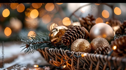Christmas ornaments and pine cones resting in wicker basket with warm bokeh lights