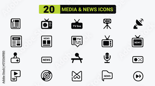 Media and News  icon set line art. Media icon, News icon, cinema icon etc. 