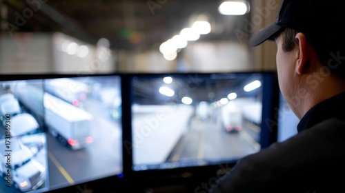 A security officer monitors multiple screens showing live footage of a loading dock. The scene captures the importance of surveillance in transportation logistics. A blend of technology and duty. AI