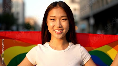 Smiling Asian Woman Holding Rainbow Pride Flag Outdoors, Symbol of Lgbtq Community