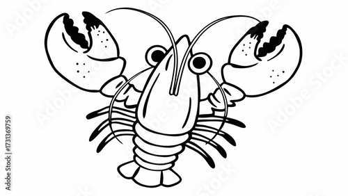 Simple line drawing of a lobster with large claws and many legs in black and white outline style created with generated ai 