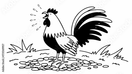 A rooster crows loudly standing on a pile of pebbles in a black and white outlined illustration style created with generated ai 