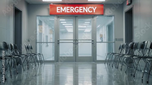 Empty hospital waiting room with rows of chairs facing emergency room entrance and digital wait time sign at the emergency department in the United States