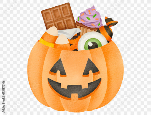 Watercolor pumpkin bucket full of halloween candies spooky Vector.