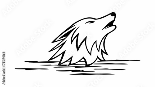 Stylized howling wolf head with jagged fur and simple ground line art illustration drawing design created with generated ai 