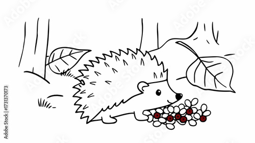 A cartoon hedgehog in a forest setting eating berries with leaves and trees in the background scene drawn created with generated ai 