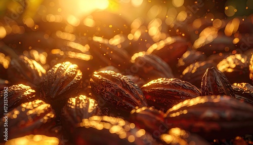 Close Up of Glossy Cacao Pods with Golden Warm Light in Cinematic HDR Food Photography